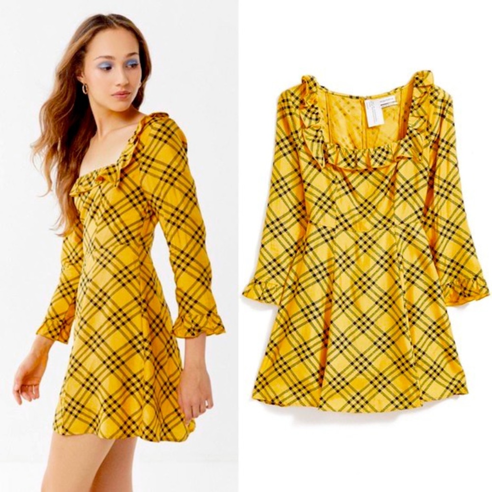NWT UO Kristin Plaid Ruffle Square-Neck Dress (XS)